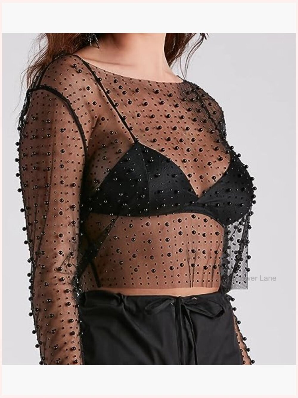 Sheer Mesh Pearl Rhinestone Beaded Long Sleeve Crop Top Y2K Clubwear - Picture 2 of 7